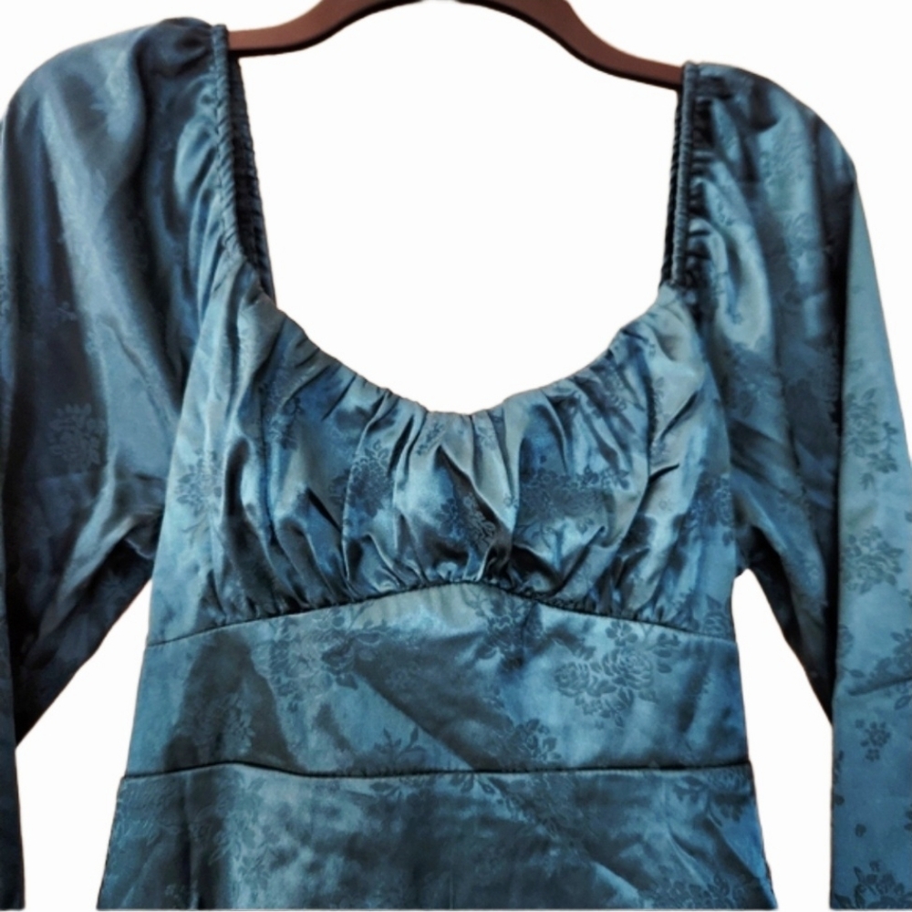 Jacquard Teal Party Satin Dress Size XL Long Sleeve Empire Waist - Picture 3 of 11